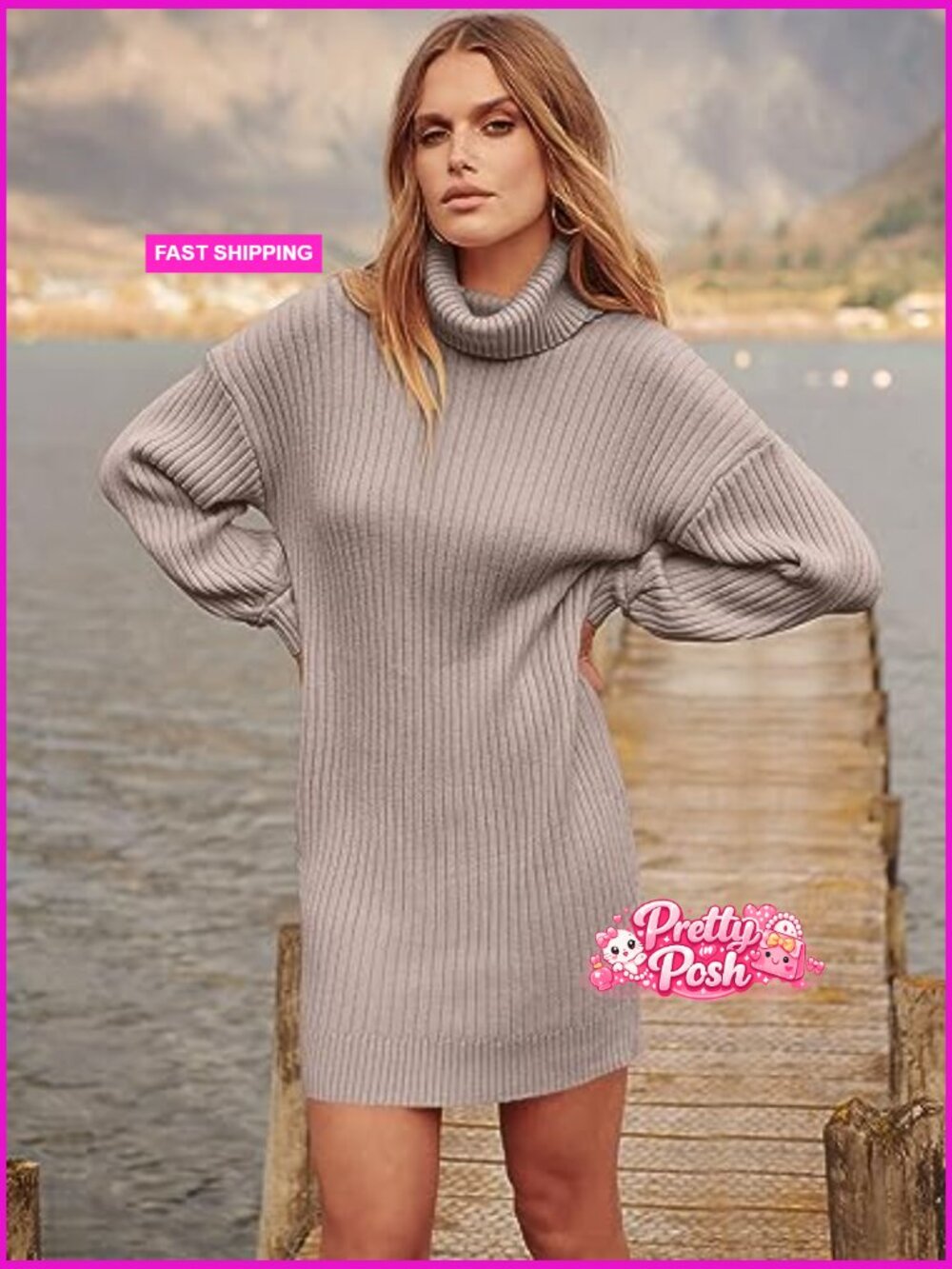 Oversized Sweater Dress Turtleneck Batwing Long Sleeve Ribbed Knit Loose Short - Picture 5 of 7